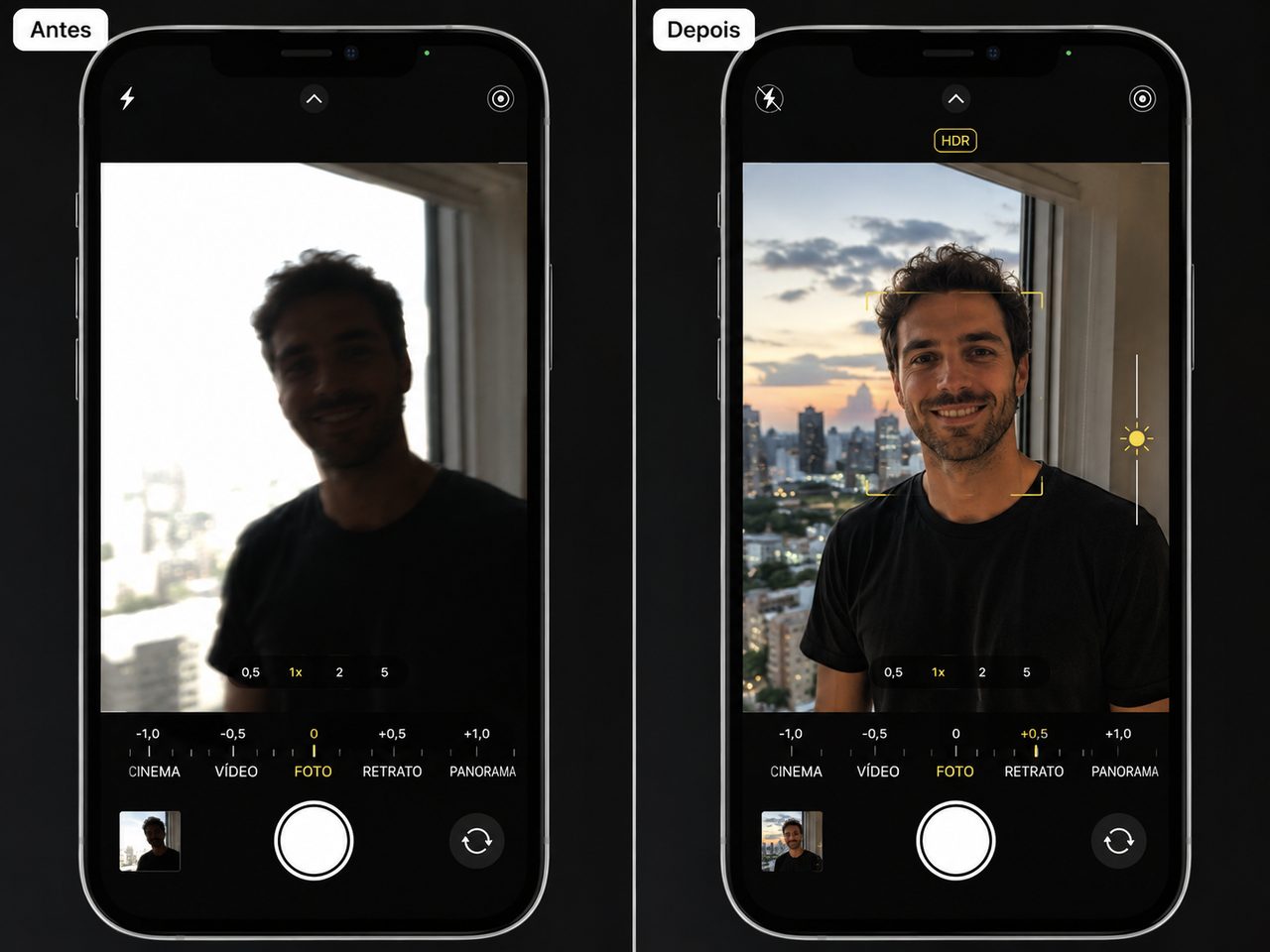 Comparação antes e depois: câmera do celular desconfigurada vs. configurada corretamente com HDR, foco e exposição ajustados