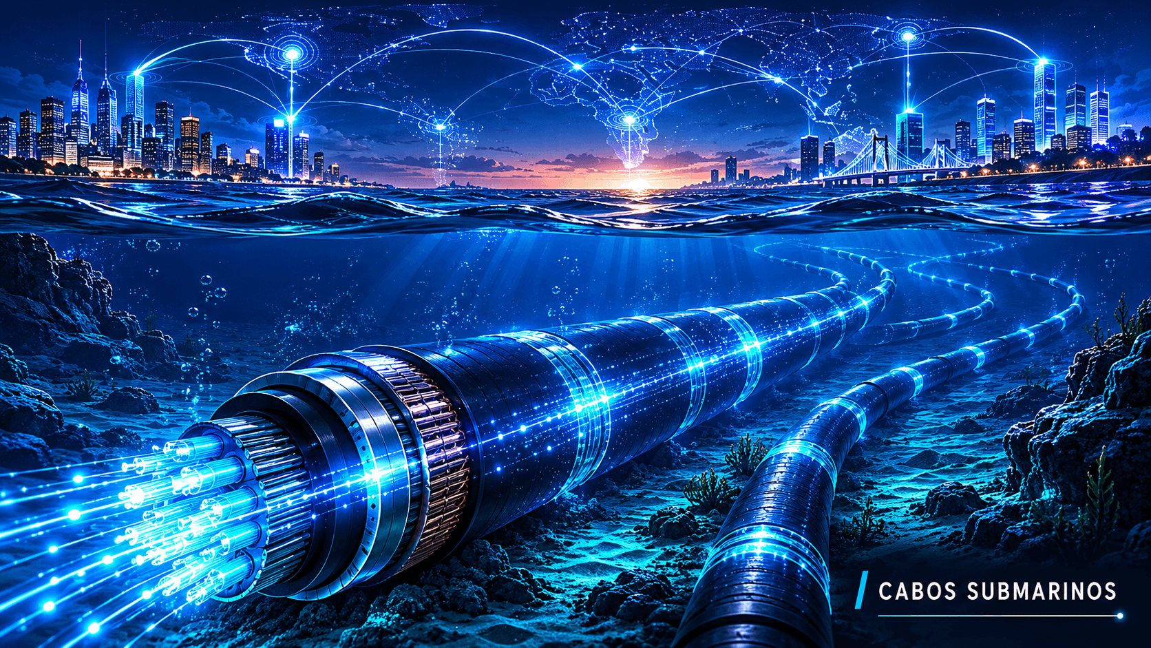 Cabos submarinos de fibra óptica transmitindo dados pela internet entre continentes
