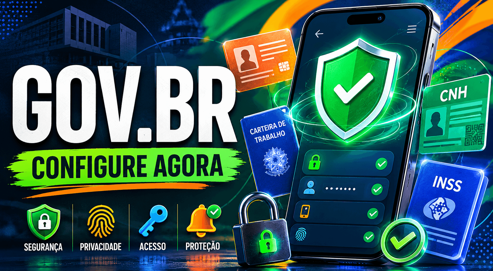Smartphone com tela de configurações de segurança do GOV.BR mostrando biometria e documentos digitais