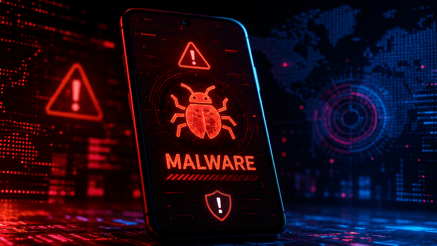 Smartphone exibindo alerta de malware com símbolo de vírus na tela