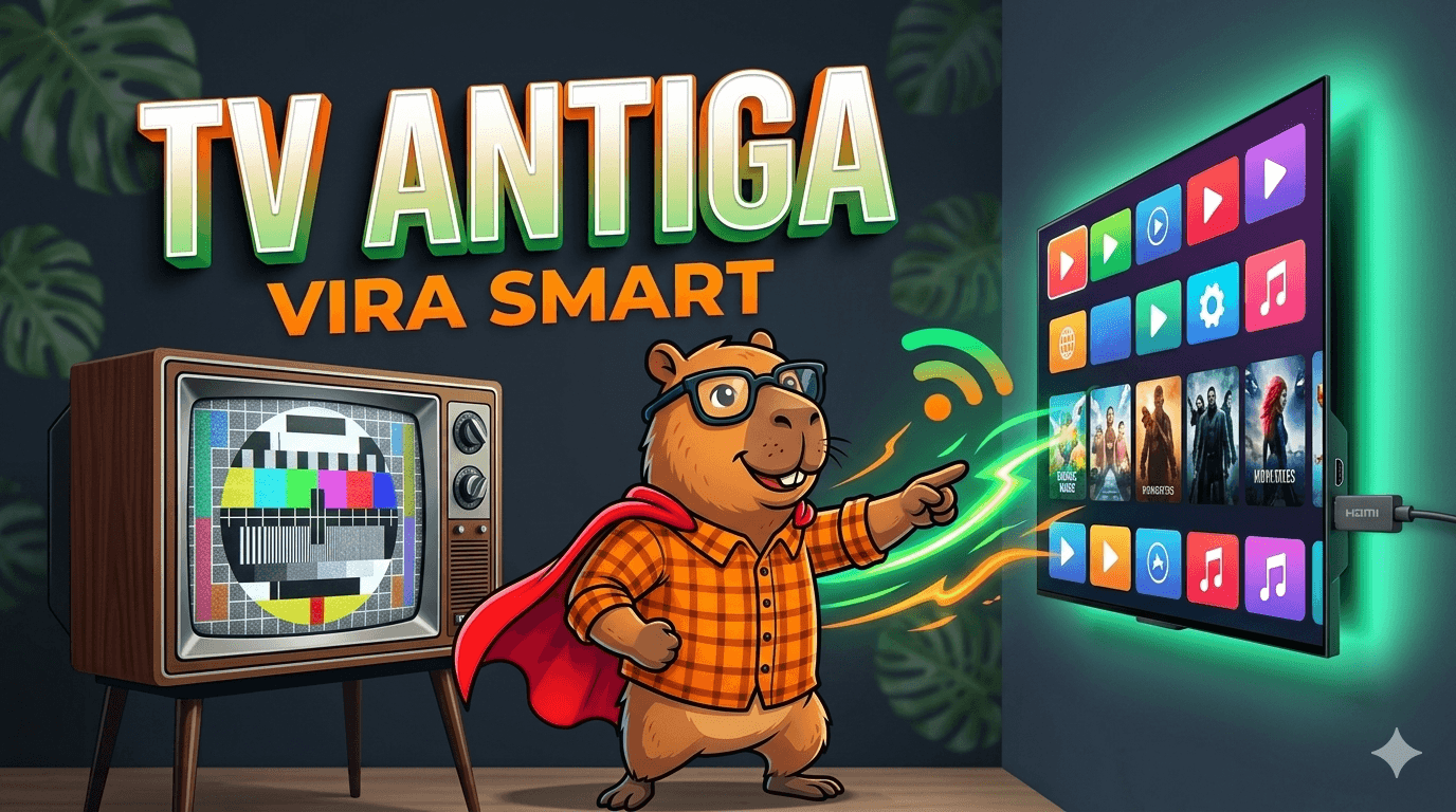 Mascote capivara TechPybara apontando para TV antiga sendo convertida em smart TV com dispositivo HDMI conectado