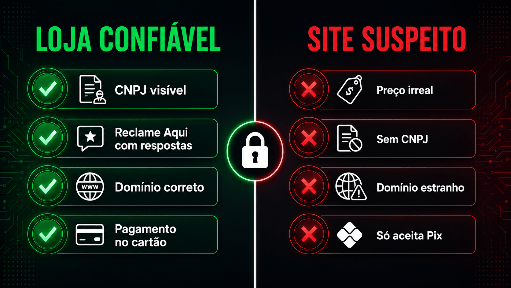 Comparativo visual entre loja confiável e site suspeito com critérios como CNPJ, Reclame Aqui e domínio