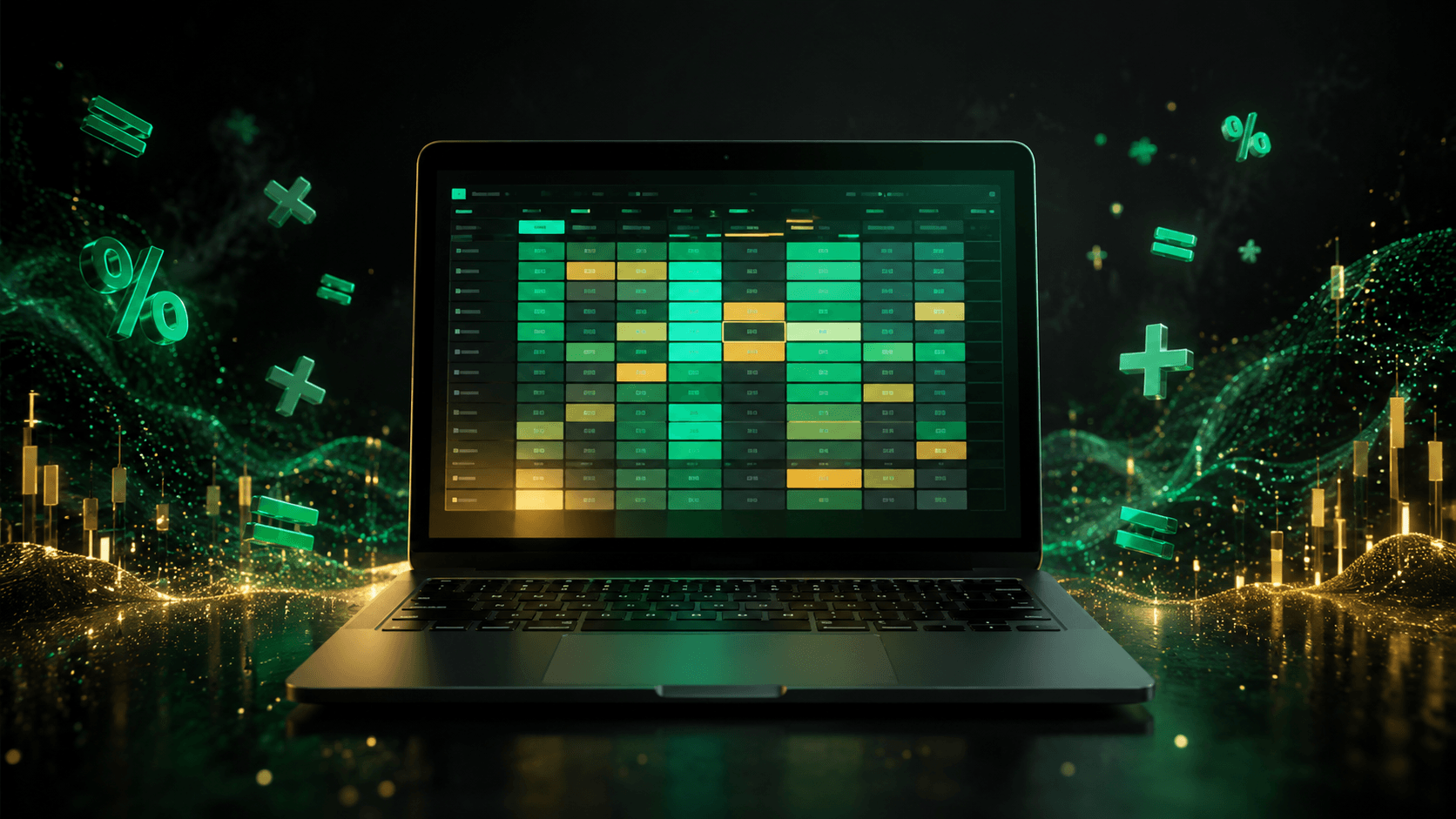 Laptop aberto com planilha colorida brilhando na tela representando Excel e Google Sheets