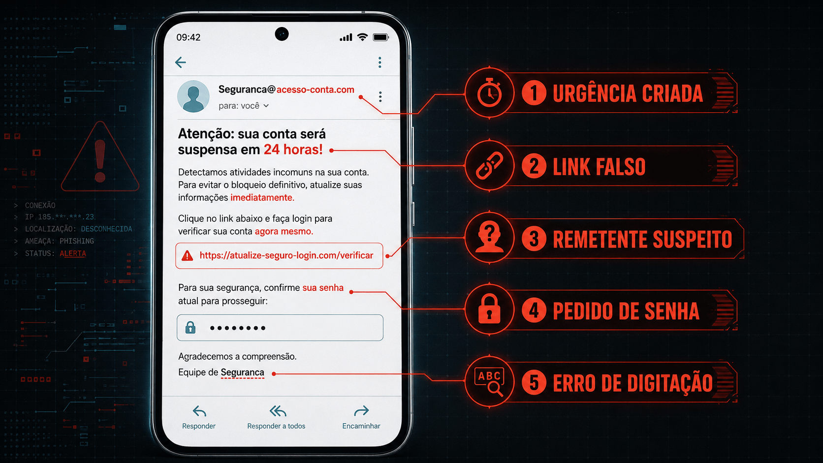Infográfico com os cinco sinais de alerta para identificar um golpe de phishing ou mensagem suspeita