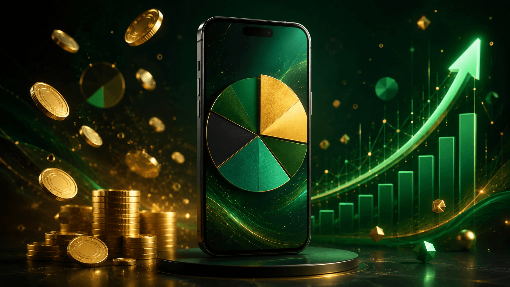 Smartphone com dashboard de finanças pessoais rodeado de moedas e gráficos representando organização financeira com apps