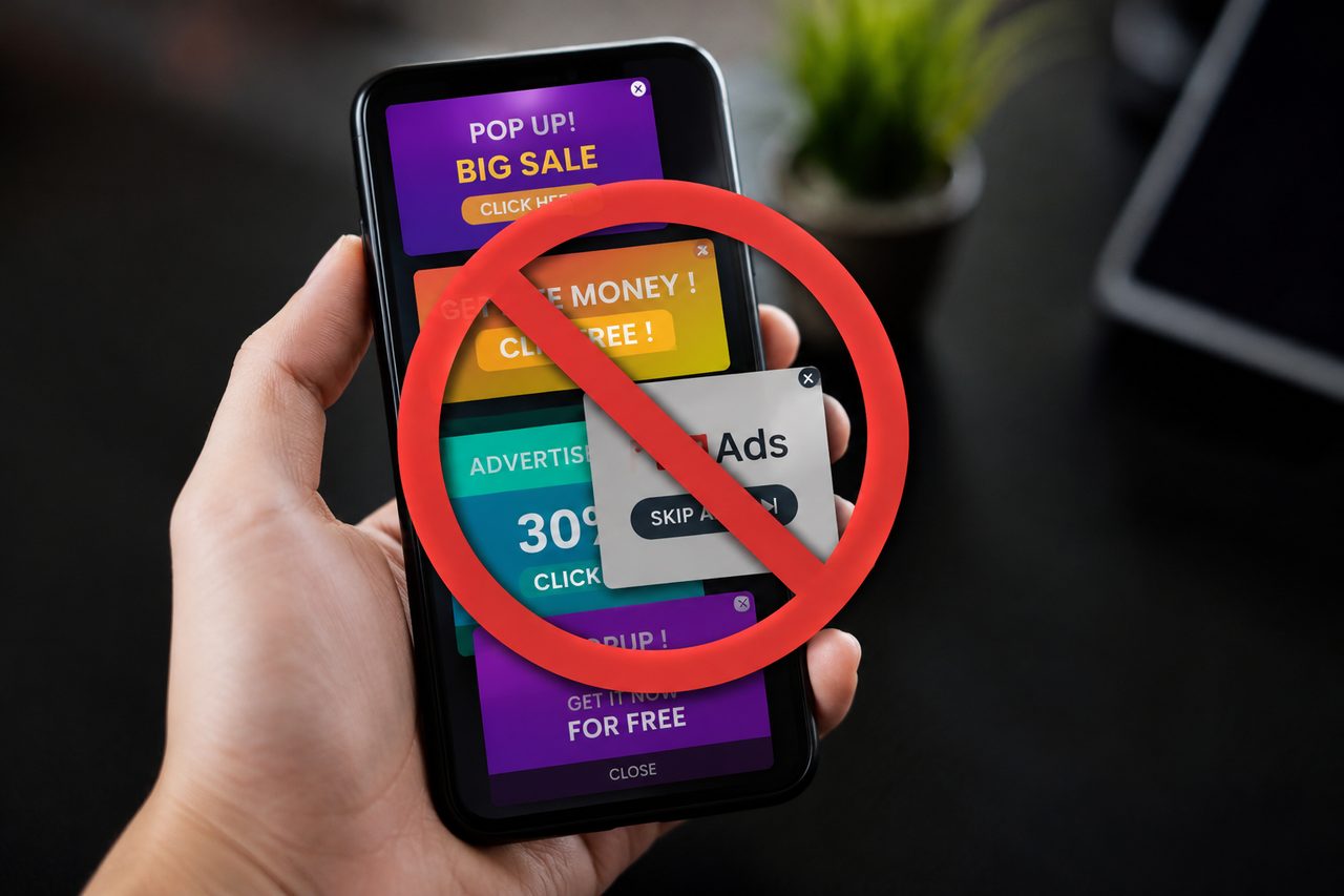 Propaganda Aparecendo no Celular | TechPybara Mão segurando celular com múltiplas propagandas em tela cheia e símbolo de proibido sobreposto