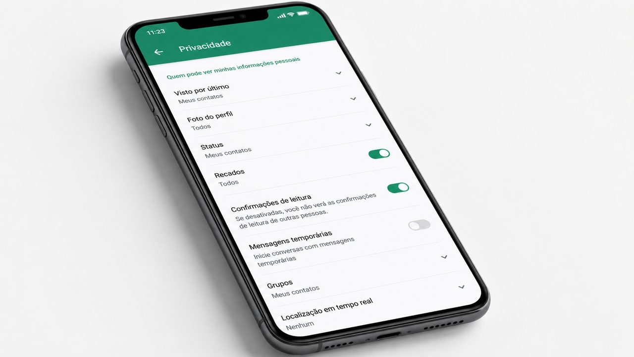 Tela de configurações de privacidade do WhatsApp num smartphone Android