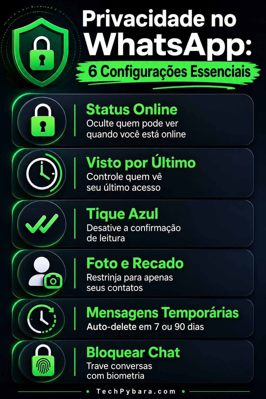 Infográfico com 6 configurações essenciais de privacidade no WhatsApp: status online, visto por último, tique azul, foto e recado, mensagens temporárias e bloquear chat