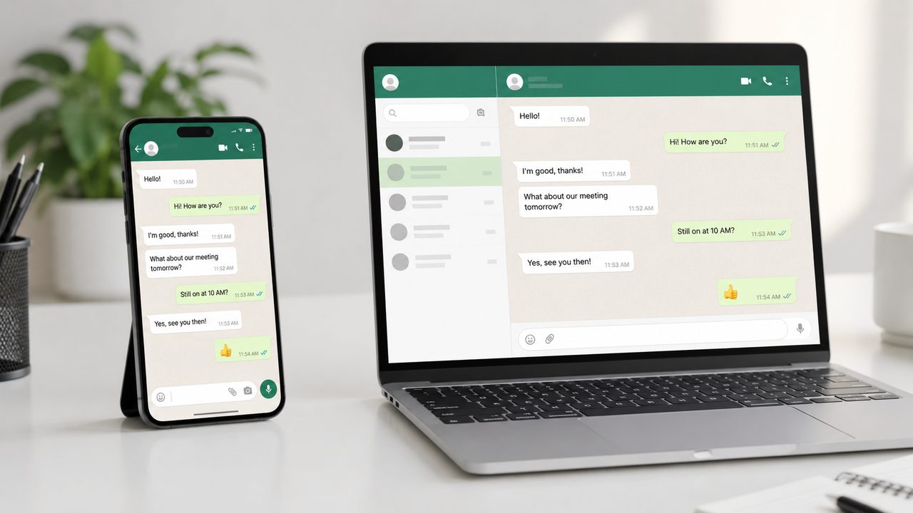 WhatsApp Web aberto no notebook sincronizado com o celular ao lado