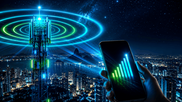 Torre 5G iluminada sobre skyline de cidade brasileira à noite com ondas de sinal em ciano