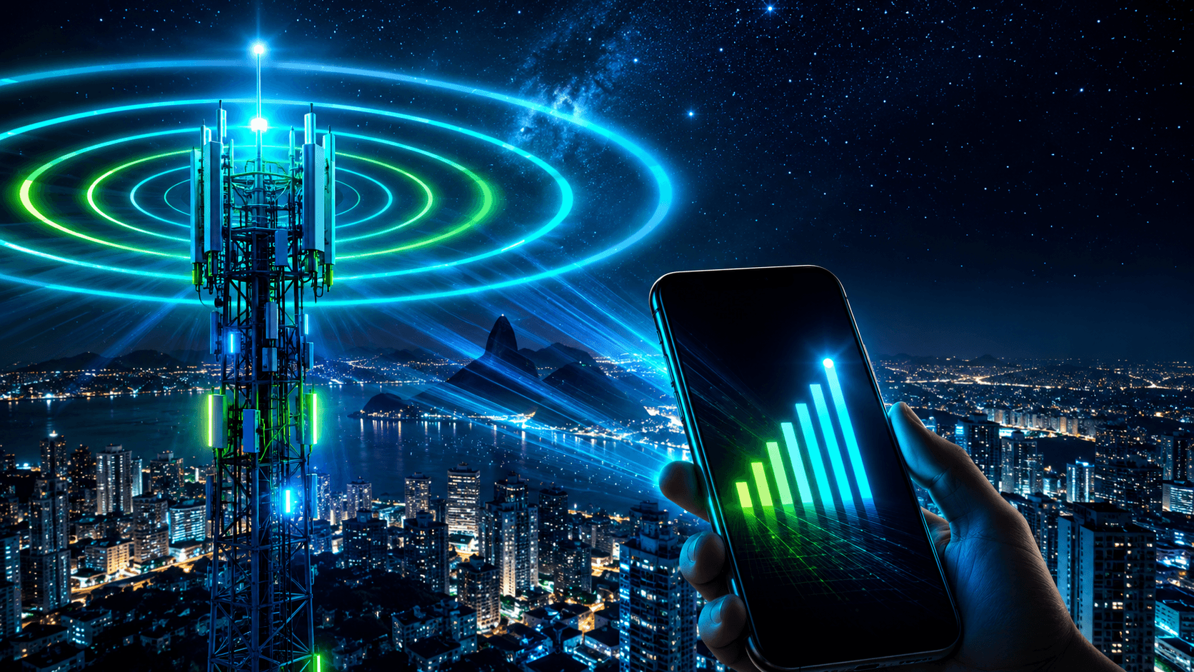Torre 5G iluminada sobre skyline de cidade brasileira à noite com ondas de sinal em ciano