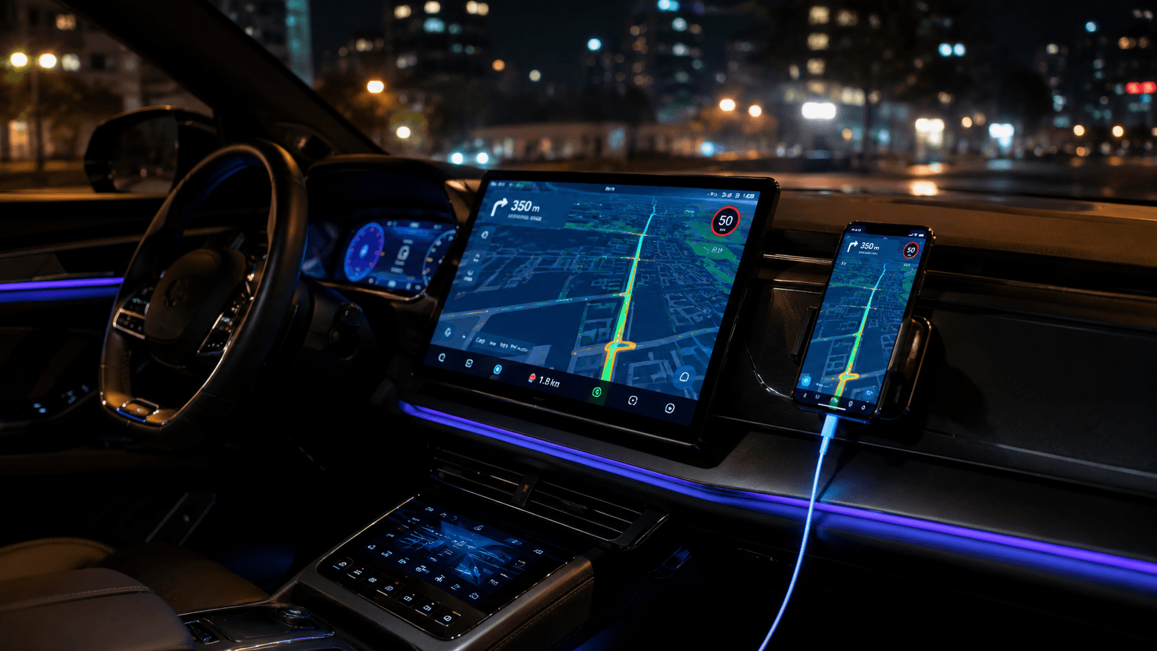 CarPlay e Android Auto Vale a Pena | TechPybara Interior de carro moderno com tela de navegação e smartphone conectado — CarPlay e Android Auto como usar