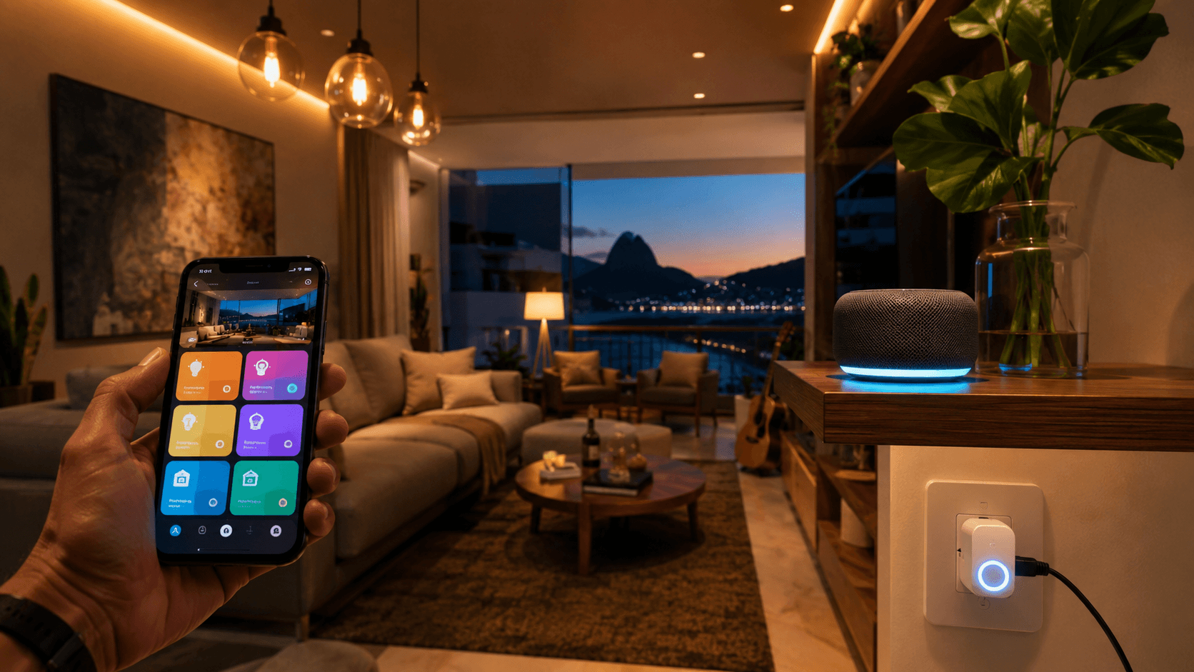 Sala de estar moderna com iluminação inteligente, alto-falante smart e smartphone controlando a casa inteligente