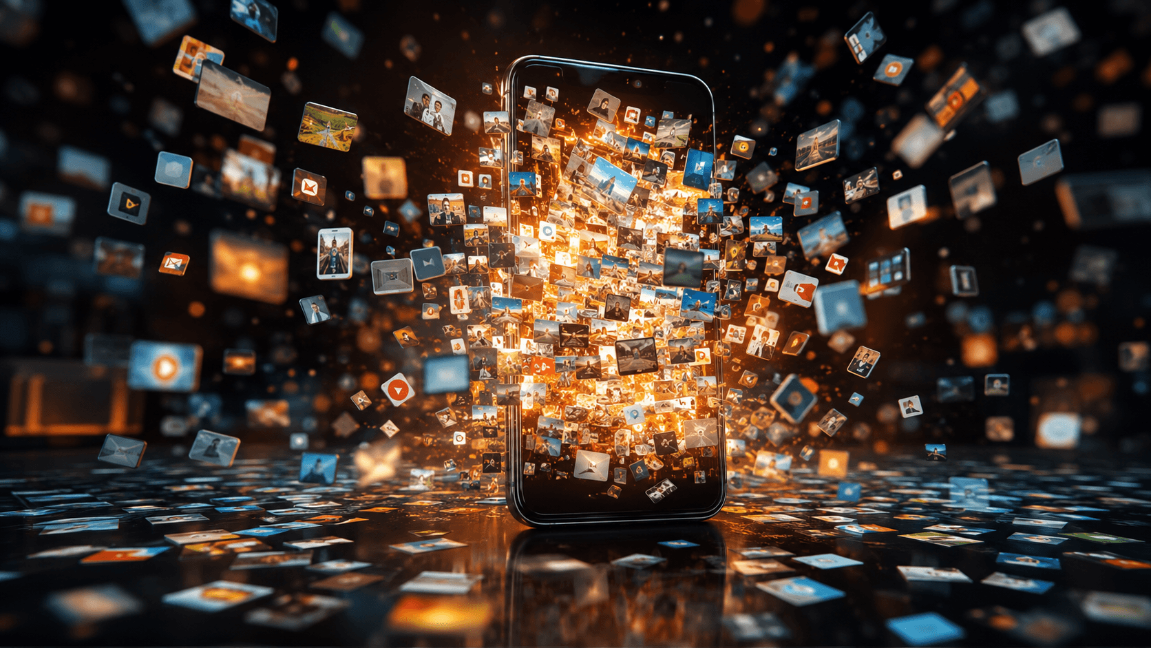 Celular sem espaço como liberar armazenamento Smartphone com fotos, vídeos e ícones explodindo para fora da tela representando armazenamento lotado