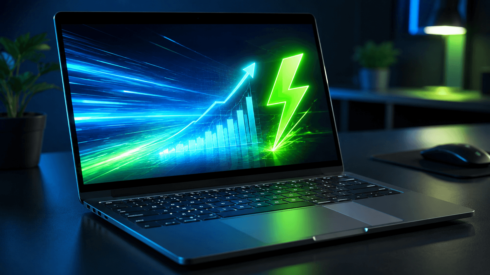 Notebook com Windows 11 exibindo painel de desempenho com graficos de velocidade em azul e verde