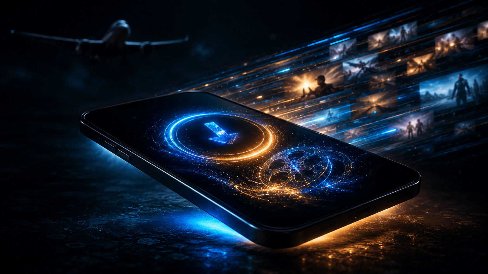 Smartphone flutuando com tela emitindo luz azul e ambar representando download de filmes e series para assistir offline
