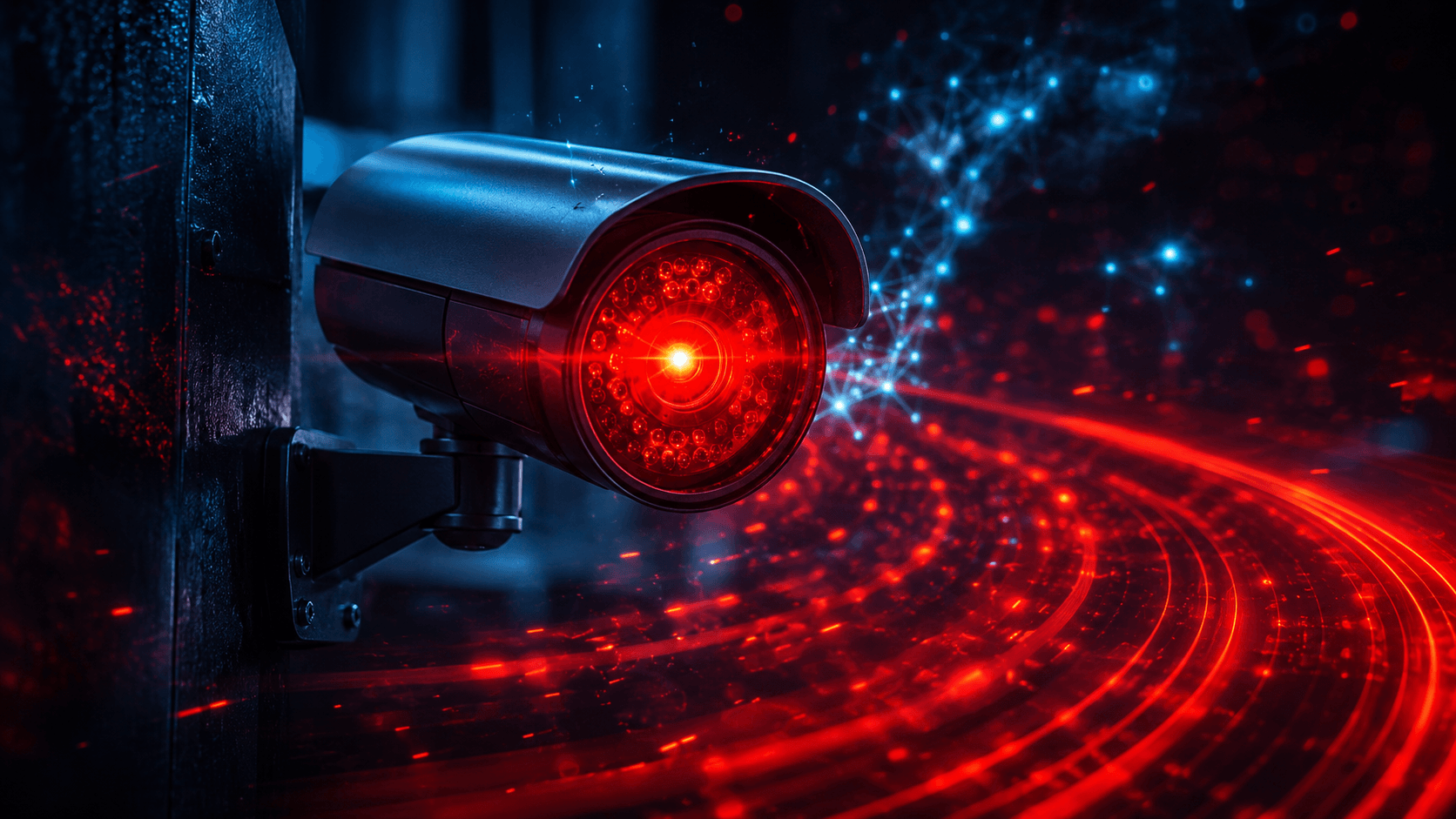 Camera de seguranca Wi-Fi com lente emitindo luz vermelha infravermelha e linhas de varredura em fundo escuro cinematografico