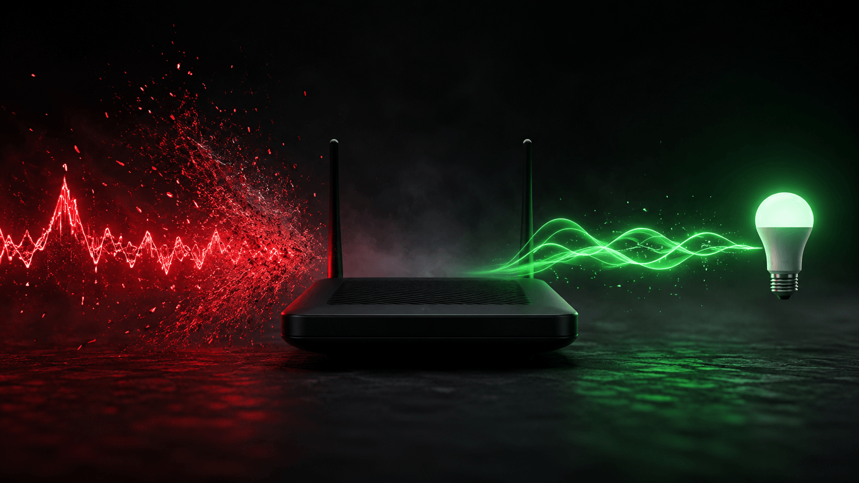 Painel estilizado de configuracao de roteador mostrando as bandas 2.4GHz e 5GHz separadas, com a banda 2.4GHz indicada como correta para lampadas inteligentes