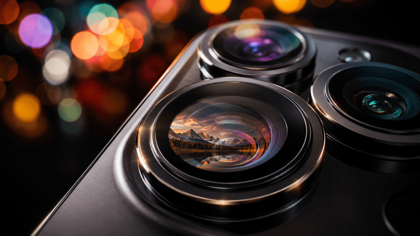 Como Melhorar a Câmera do Celular | TechPybara Macro das lentes de câmera tripla de smartphone com reflexo de paisagem e bokeh colorido — como melhorar a câmera do celular
