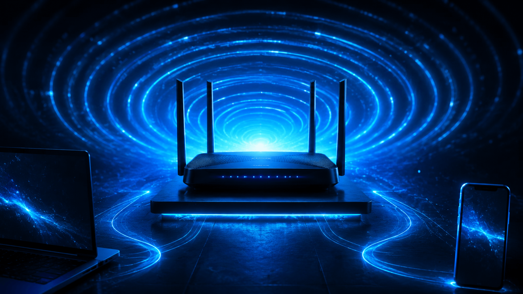 Roteador moderno emitindo ondas Wi-Fi azuis e ciano em ambiente escuro com dispositivos conectados ao redor