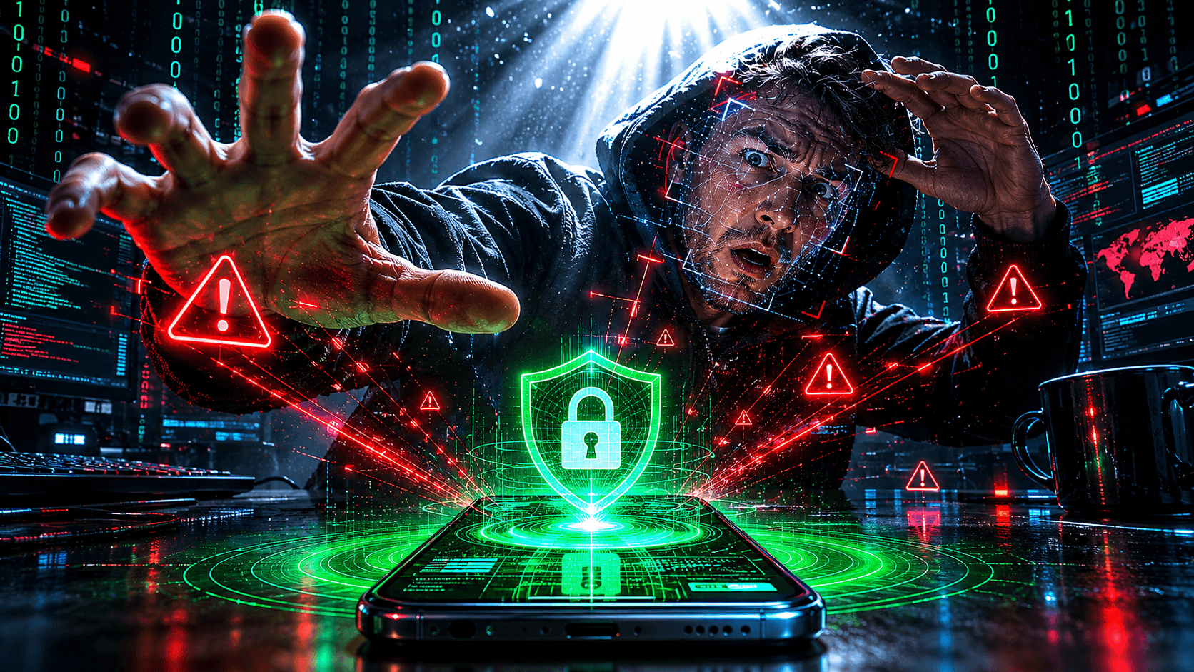 Como Remover Malware do Celular | TechPybara Hacker encapuzado exposto por escudo de segurança verde com alertas vermelhos — como remover malware do celular Android