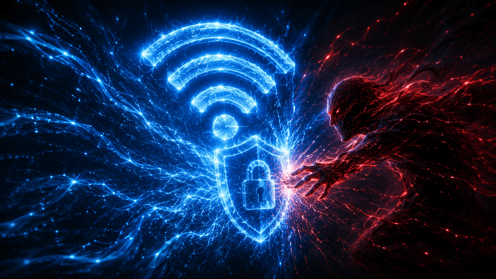 Simbolo de Wi-Fi em energia azul brilhante com escudo digital bloqueando intruso em vermelho em fundo escuro cinematografico
