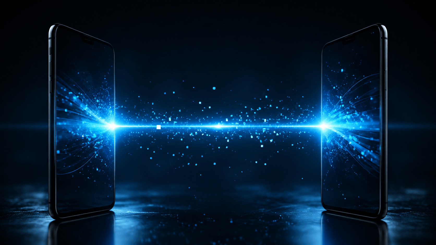 Como Trocar de Celular Sem Perder Nada: O Protocolo Completo Dois smartphones trocando dados com feixe de luz azul — como trocar de celular sem perder nada
