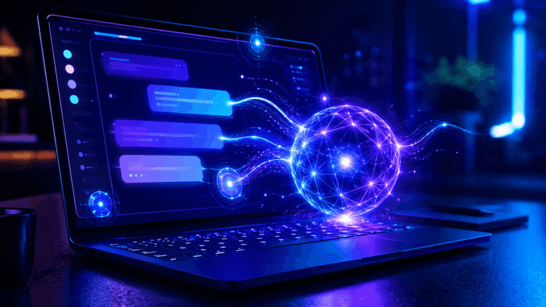 Laptop em ambiente escuro com orbe de IA flutuando sobre o teclado e interface de assistente brilhando na tela