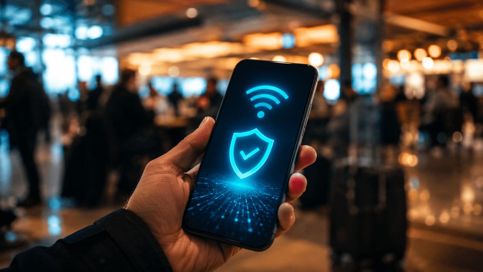 Mao segurando celular em aeroporto com icone de Wi-Fi e escudo de seguranca azul representando protecao em rede publica