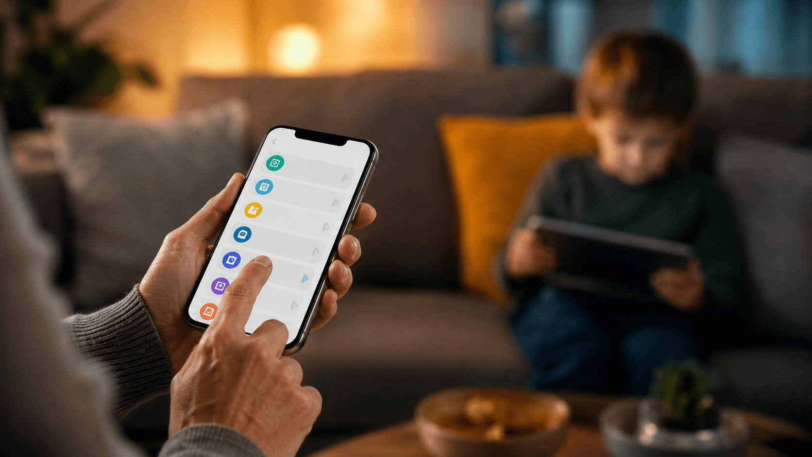Mãos de adulto configurando controle parental no celular enquanto criança assiste streaming ao fundo
