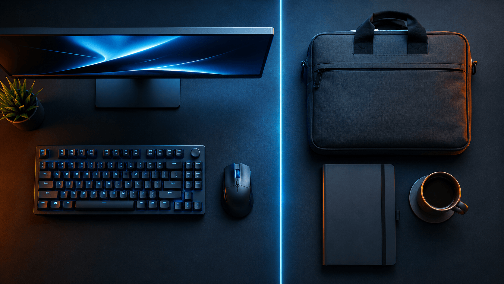 Mãos no laptop rodeadas de três smartphones com cores diferentes representando três assistentes de IA
