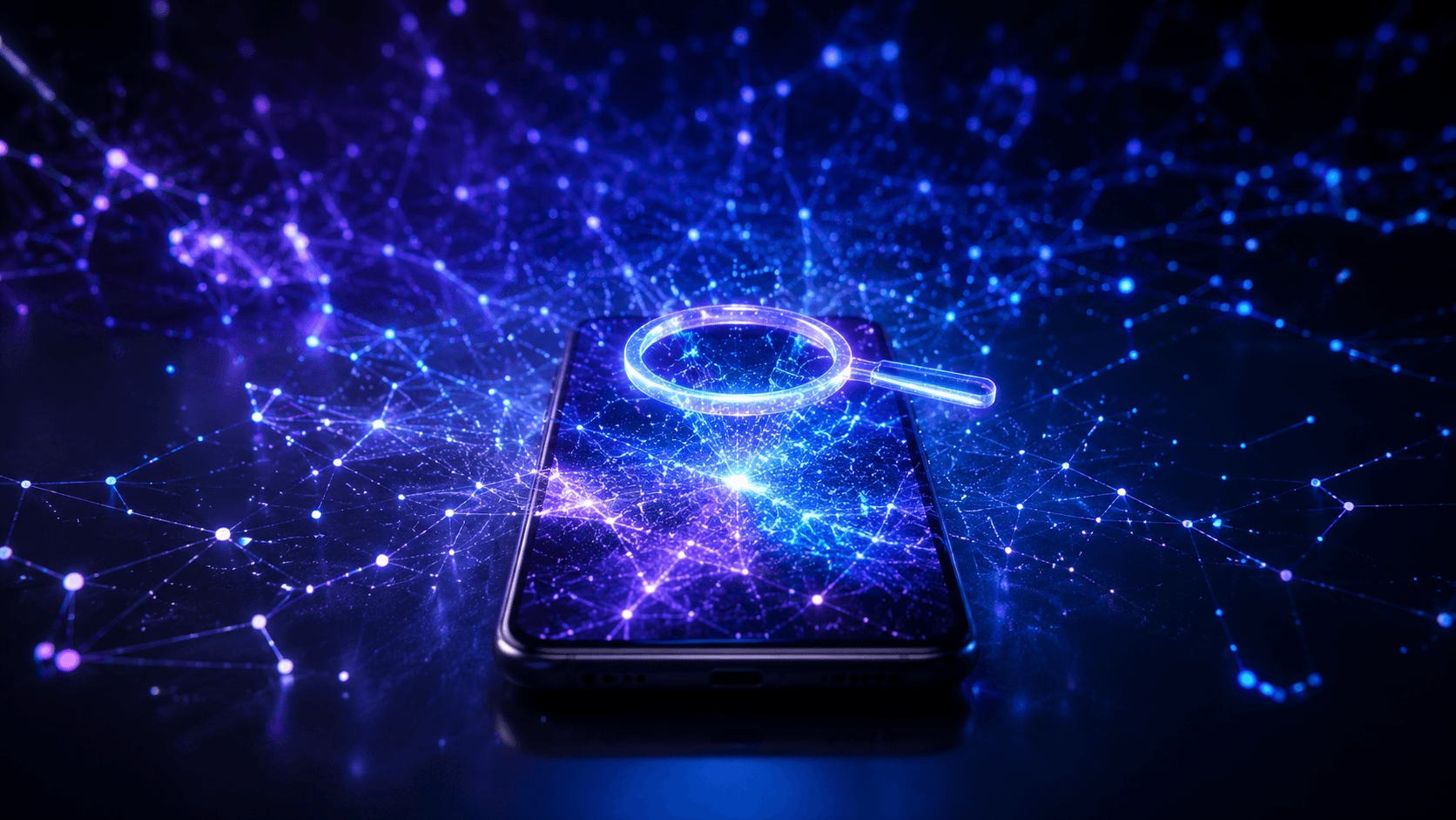 Smartphone Android com tela emitindo luz azul e violeta e redes neurais de IA irradiando ao redor do dispositivo