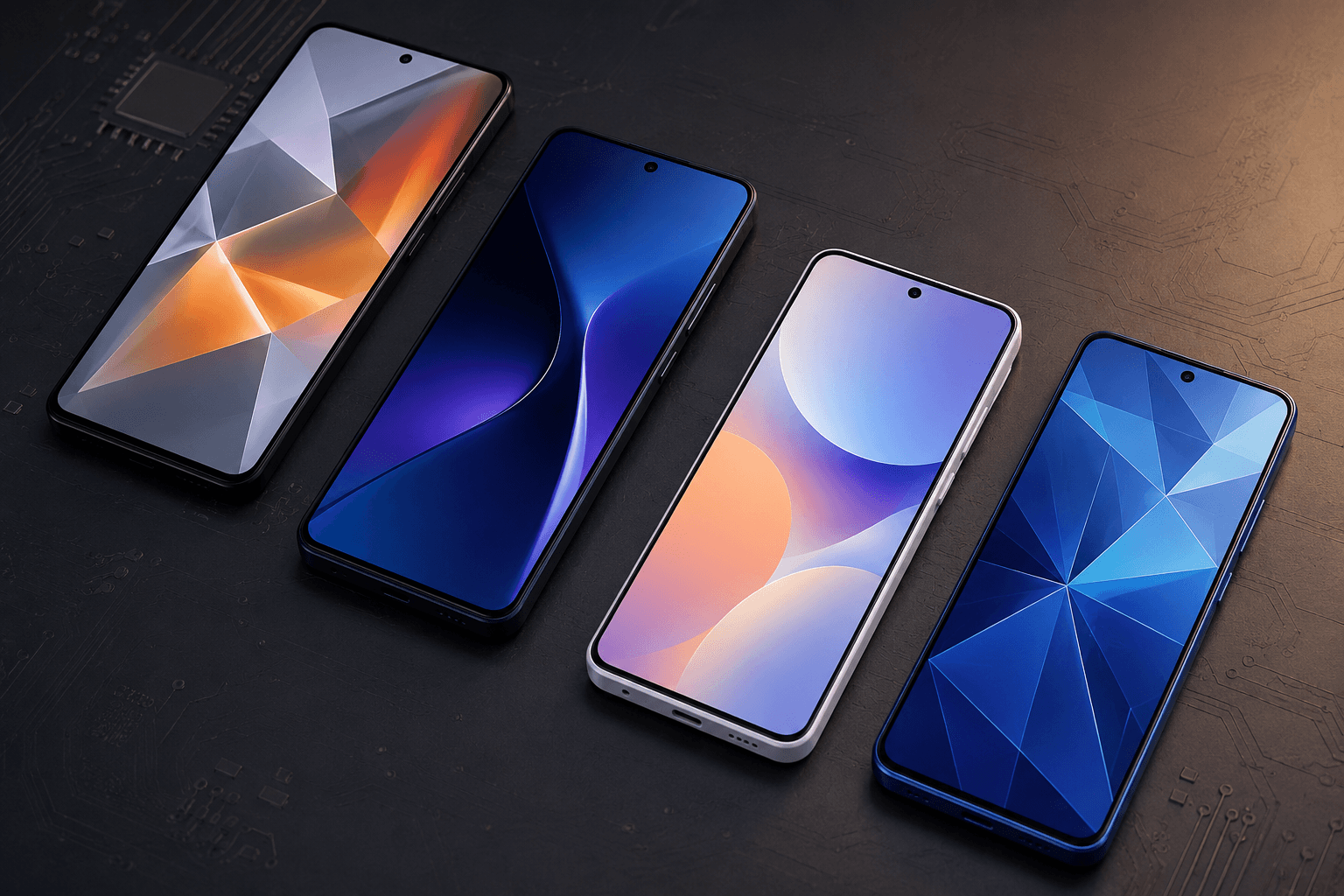 Quatro smartphones Android modernos em flat lay com telas vibrantes sobre superfície escura, representando os melhores celulares custo-benefício de 2026