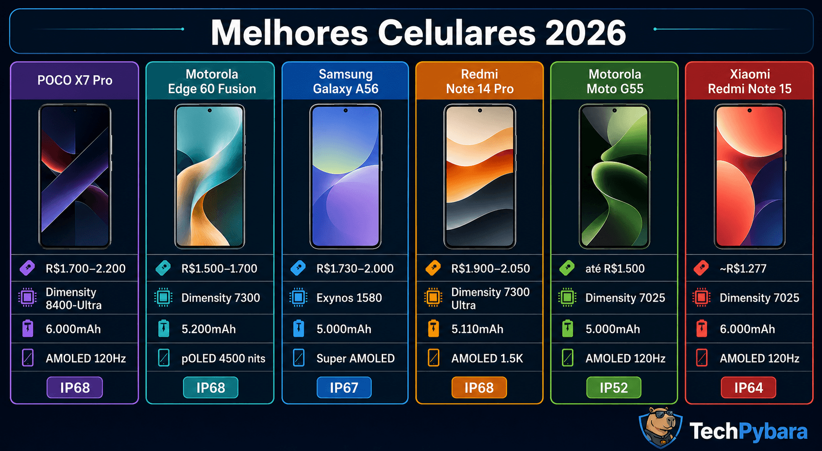 Infográfico comparativo dos 6 melhores celulares custo-benefício de 2026 com preços, especificações e perfil ideal de cada modelo