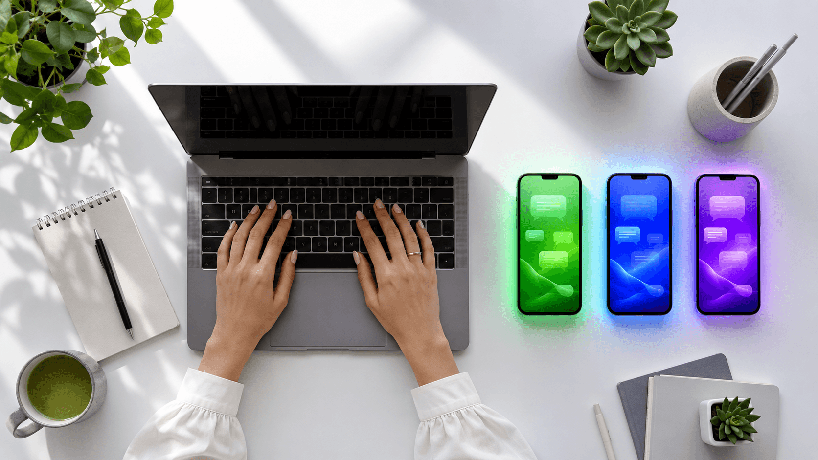 Setup de home office com desktop à esquerda e notebook portátil à direita, comparativo