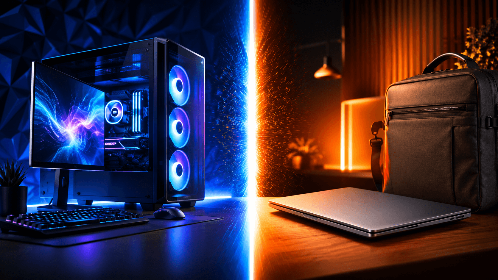 Comparativo entre notebook e desktop: setup gamer RGB à esquerda e notebook slim à direita