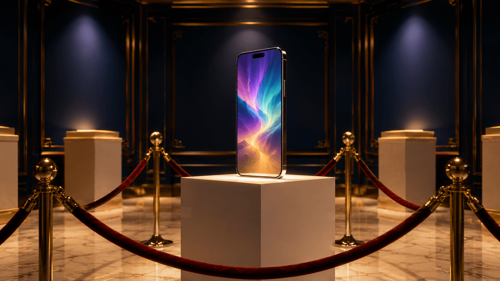 iPhone 18 Quando Lança | TechPybara Smartphone premium exposto como obra de arte em museu de luxo com iluminação dourada — iPhone 18 lançamento