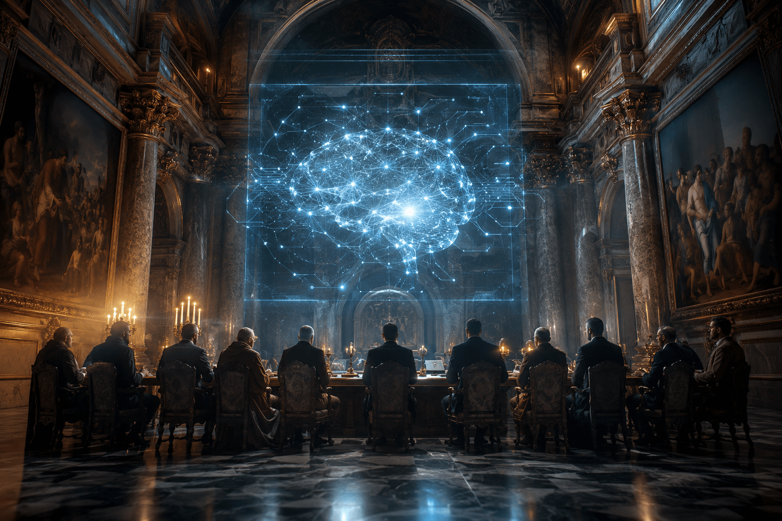 Ilustração de um salão renascentista com figuras ao redor de uma mesa e um holograma de rede neural flutuando ao centro, representando o encontro entre o Vaticano e as big techs de IA em 2026