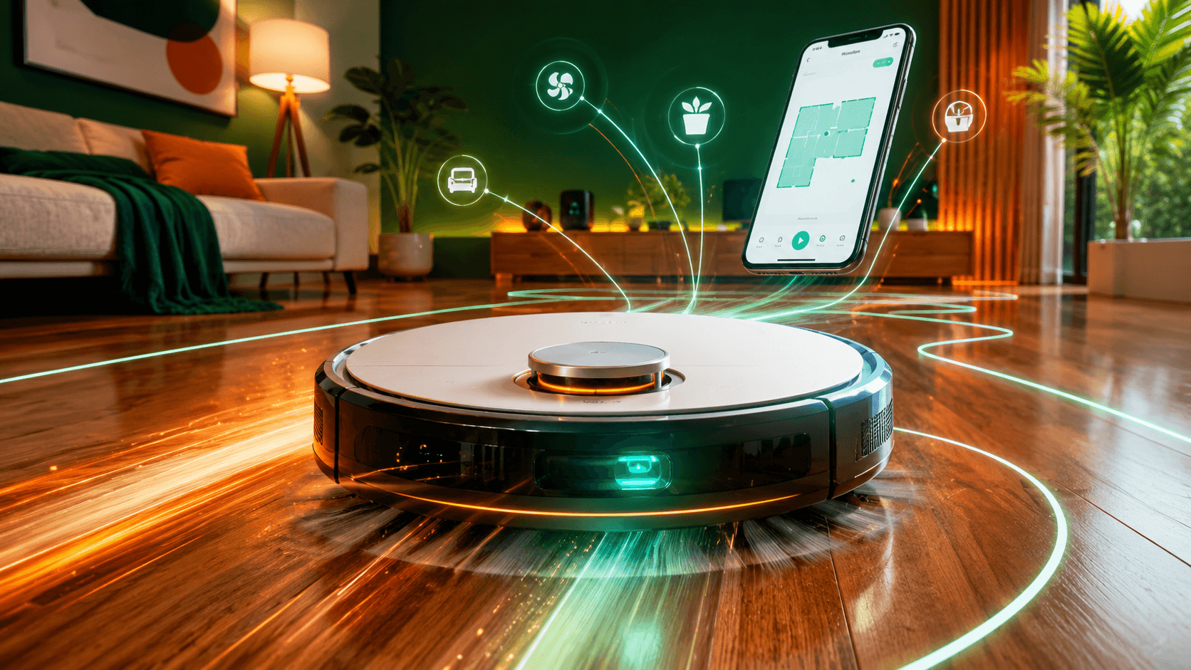 Robô Aspirador Vale a Pena? O Que Você Precisa Saber Antes de Comprar Robô aspirador em piso de madeira com linhas de mapeamento e app de controle no fundo