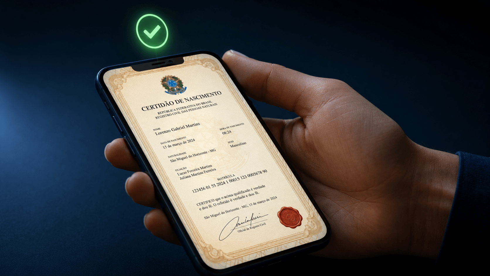 Como Tirar Segunda Via de Certidão pela Internet | TechPybara Mão segurando celular com certidão de nascimento digital na tela e verificação verde — segunda via de certidão pela internet