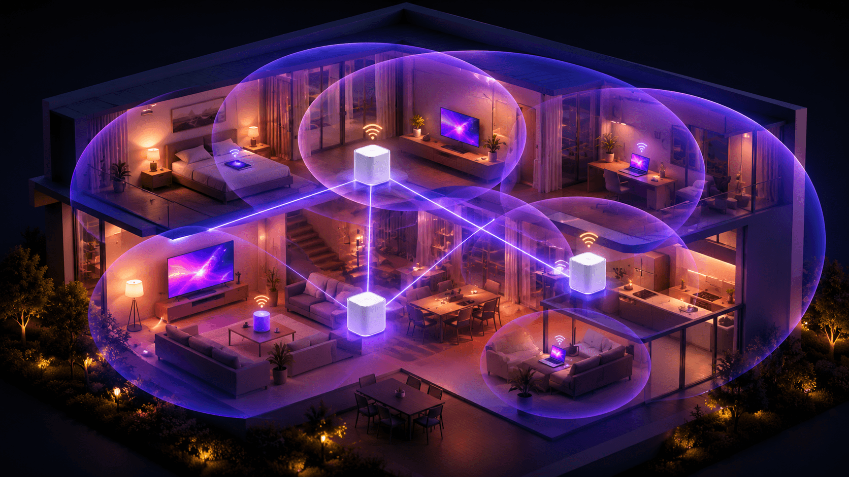 Ilustração de casa com sistema mesh Wi-Fi cobrindo todos os cômodos com sinal forte em cada andar
