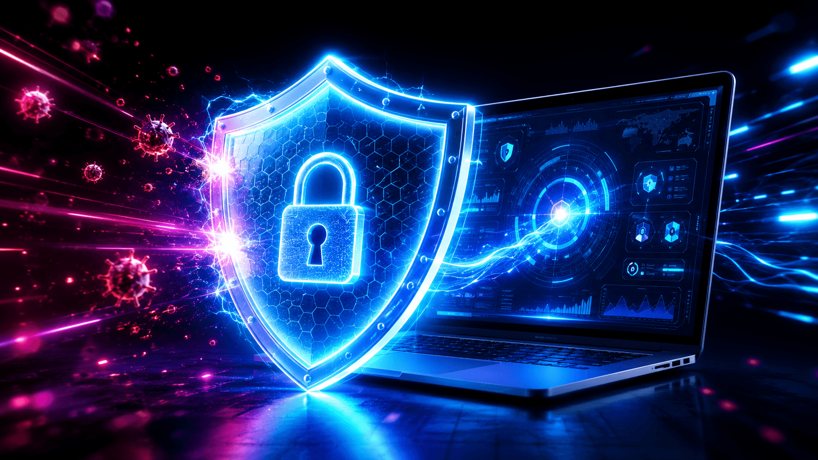 Windows Defender É Suficiente? Como Configurar (e Quando Vale Pagar) Escudo de segurança digital com laptop protetor representando o Windows Defender configurado corretamente