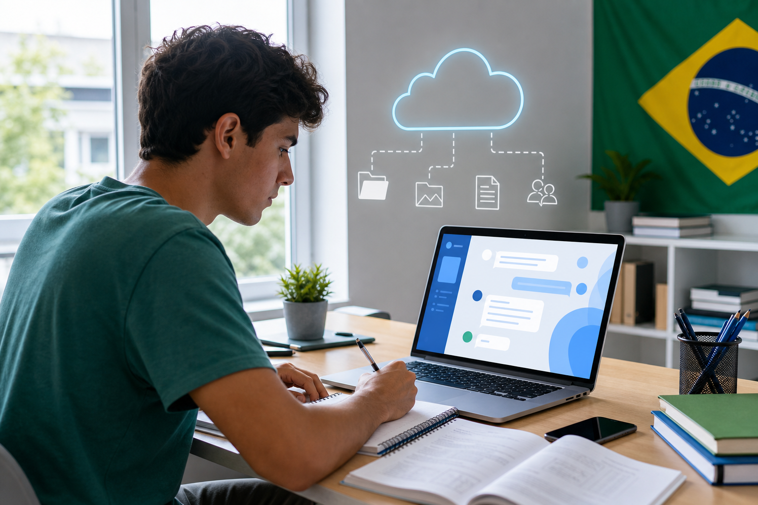 Estudante usando notebook com interface de inteligência artificial para organizar estudos e arquivos na nuvem