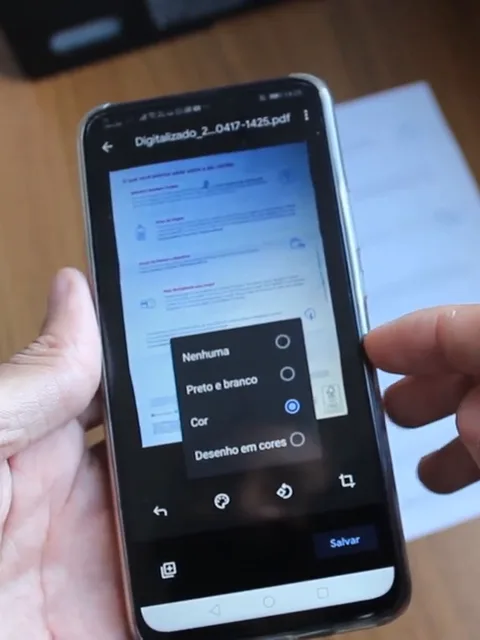 Opções de cor do documento digitalizado: nenhuma, preto e branco, cor e desenho em cores
